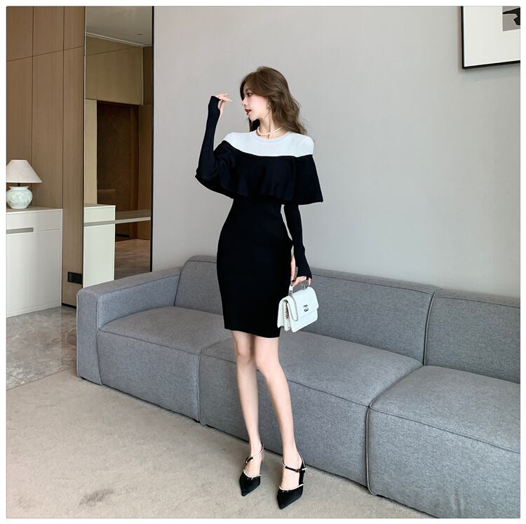【dress】フリルドッキングニットワンピース　M18575