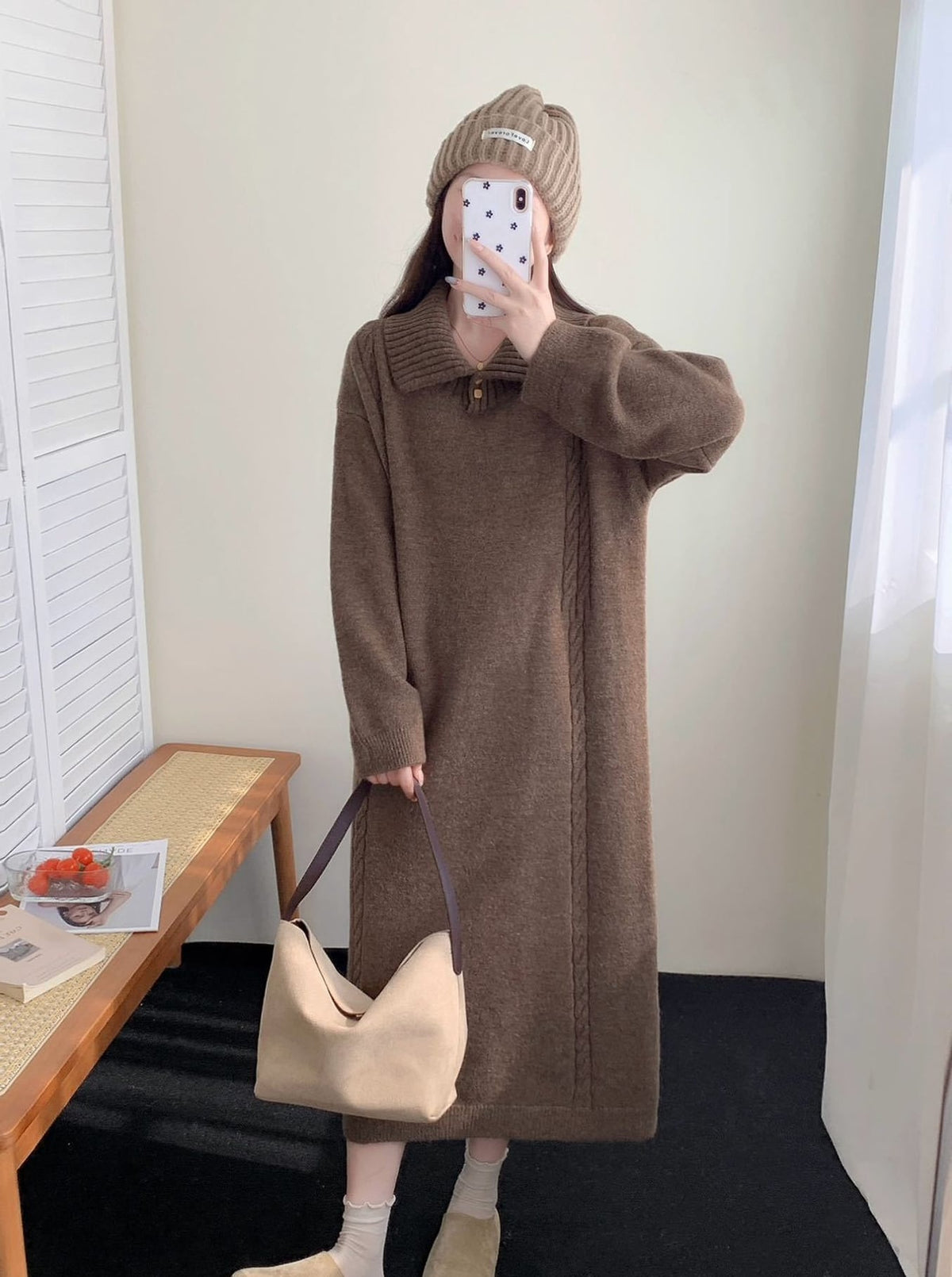 【dress】折り襟ロングニットワンピース Q7771