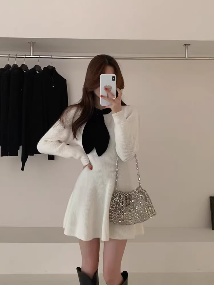 【dress】スカーフカラーニットワンピース Q7482