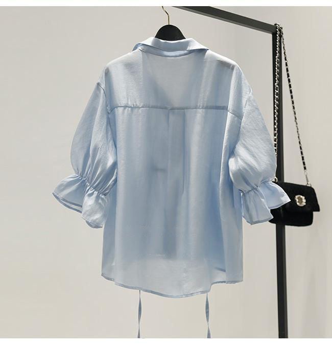 【tops】Vネック美人度アップ!韓国系夏ルーズスウィートフリルシフォンシャツ