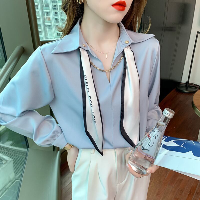 【tops】韓国ファッションラペル長袖無地ファッション着回しOL通勤シャツF0664