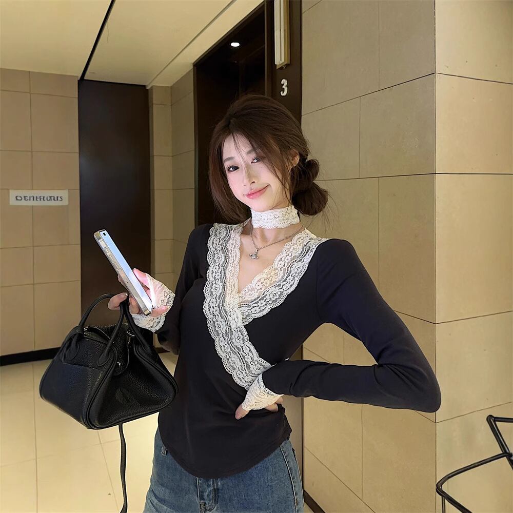 【tops】レース切り替え長袖シャツ　M28348