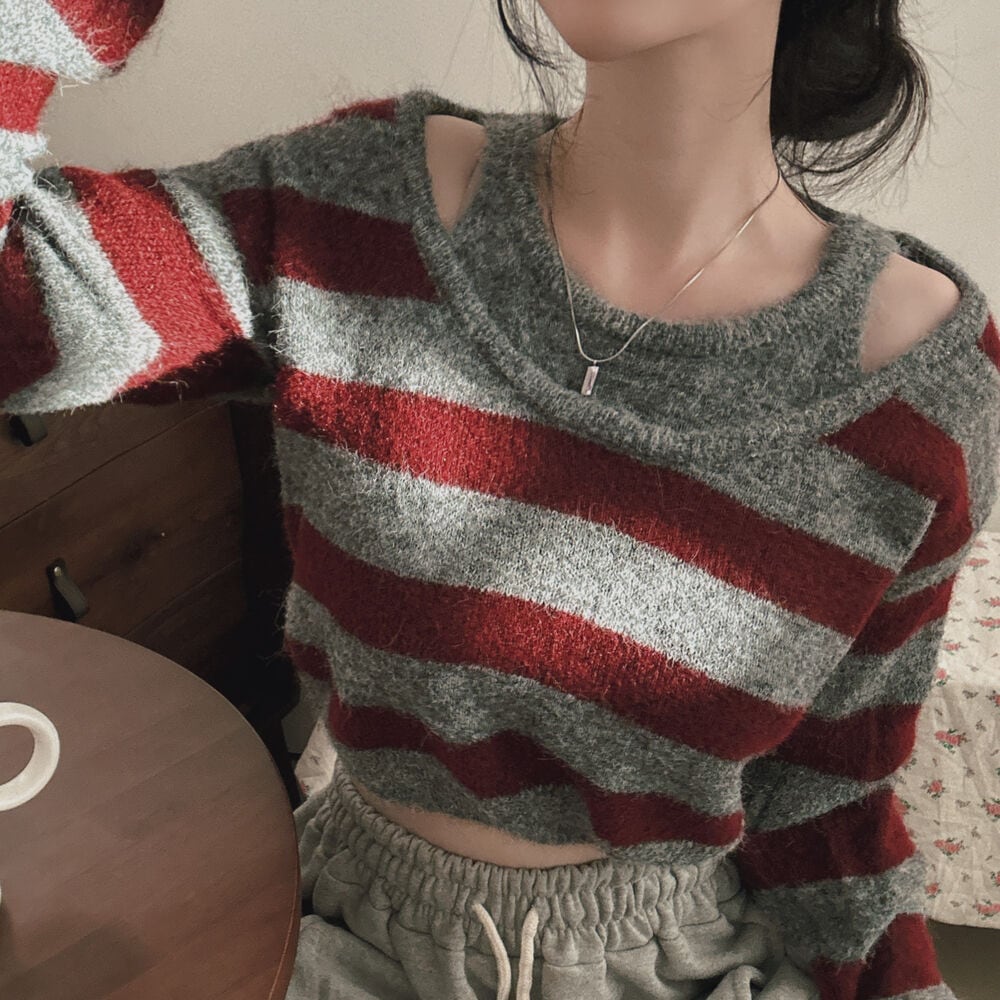 【tops】ボーダー柄切り替えニットセーター　M27774