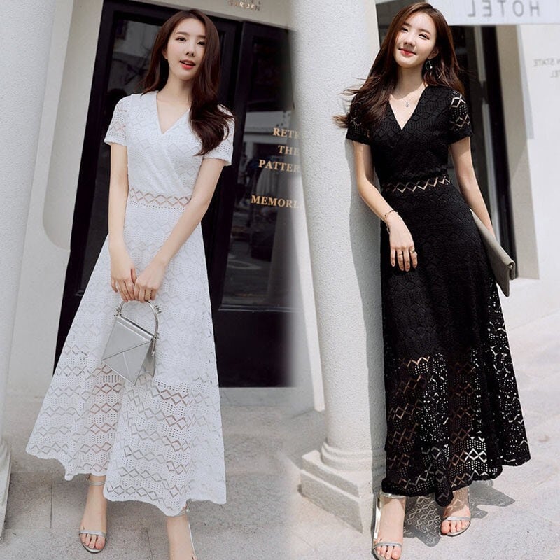 【dress】今季トレンドレース着痩せハイウエストAライン透かし彫り無地ワンピースF0117