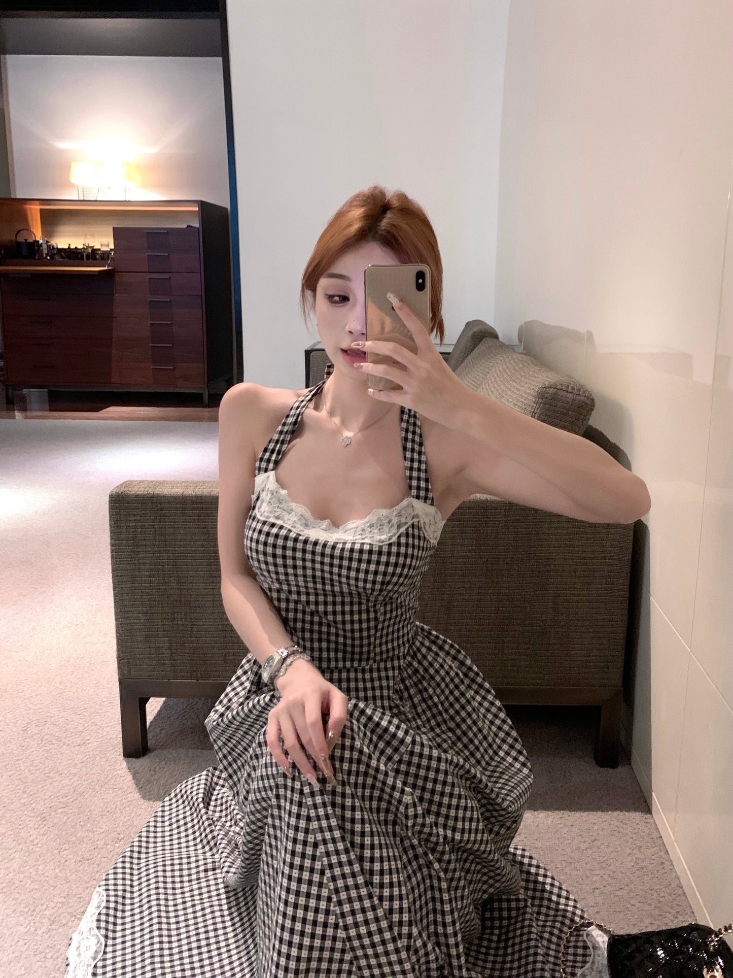 【dress】レース切り替えバックリボンチェック柄ワンピースF7789