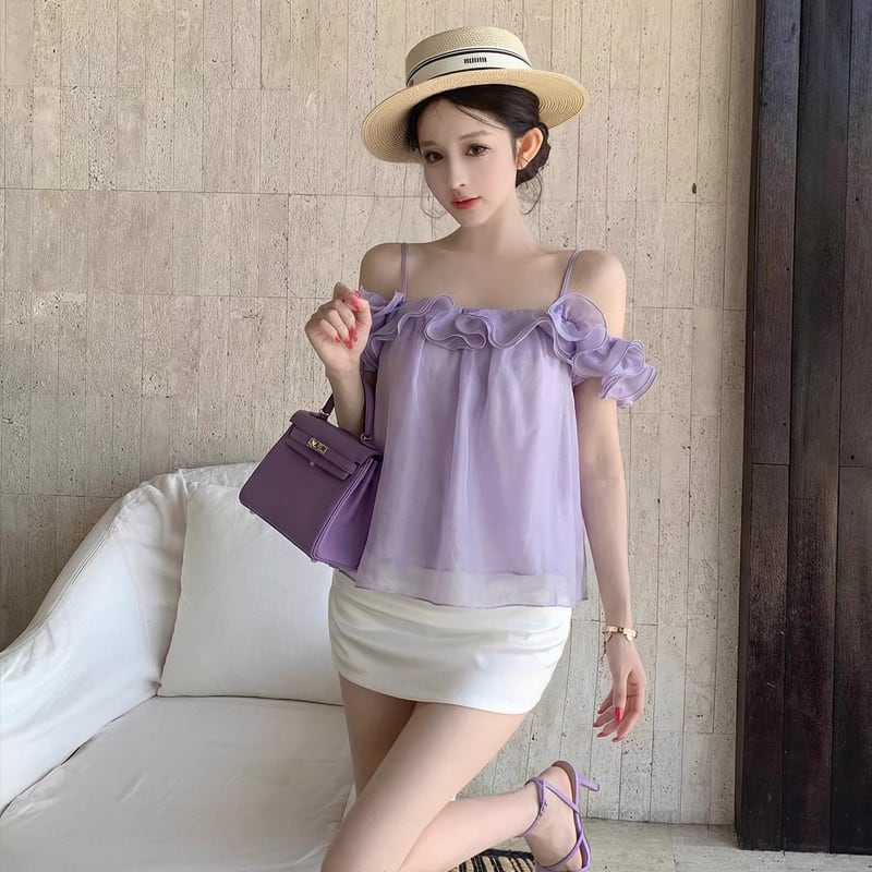 【tops】ギャザーフリルシフォンキャミソール Q8442