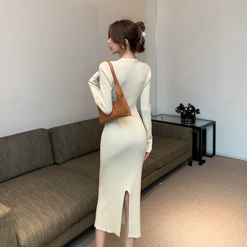 【dress】スクエアネックニットワンピース Q7577