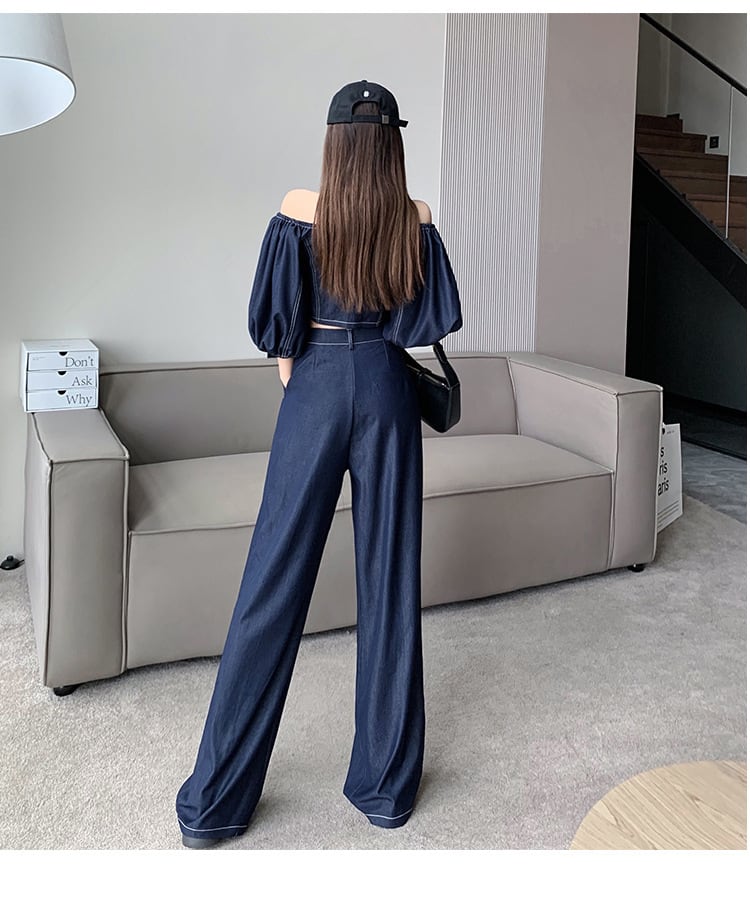 【set】オフネック半袖パフ袖ブラウス+無地ガウチョパンツ2点セットF5313