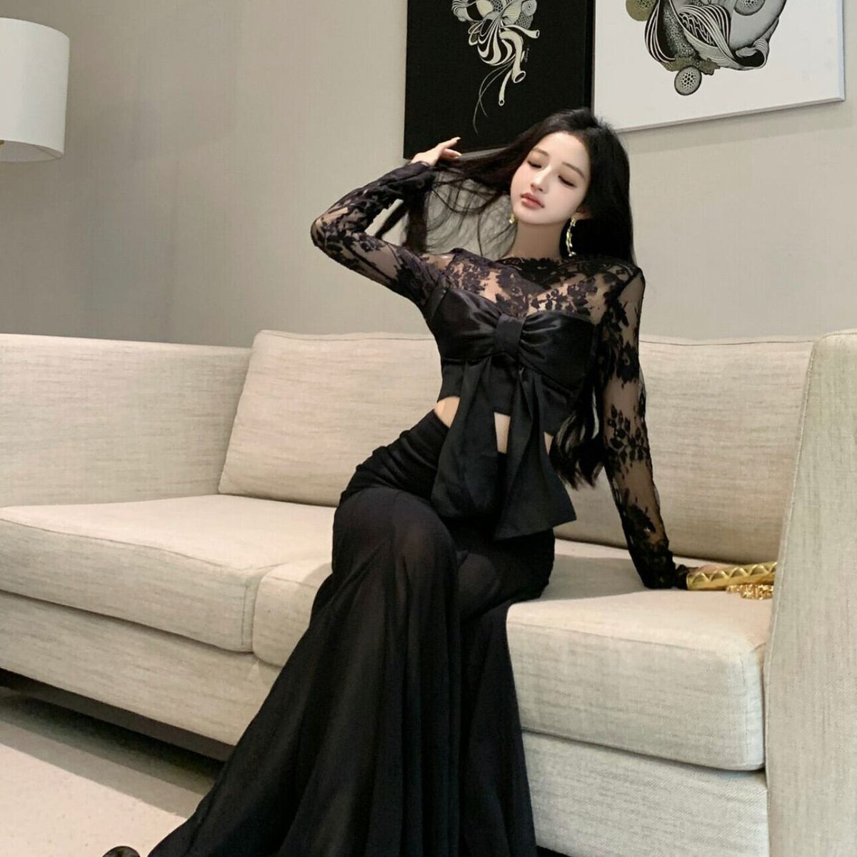【set】リボン付きレーストップス×ロングスカートセット　N2763