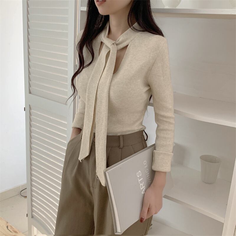 【tops】ボウタイニットトップス　M27475