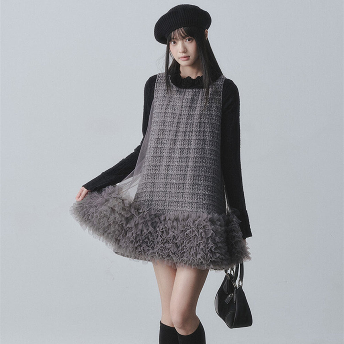 【dress】チュールフリルツイードノースリーブミニワンピース　N3523