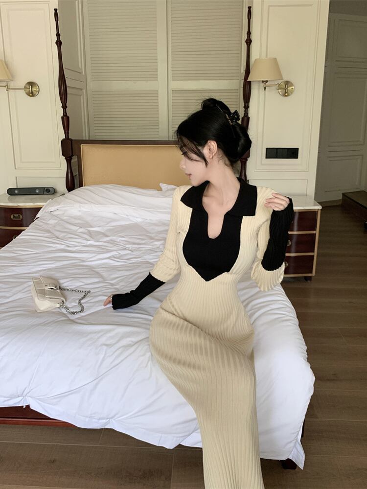 【dress】フェイクレイヤードニットワンピース Q7122
