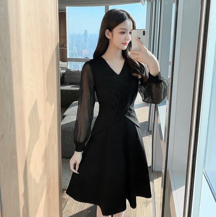 【dress】フランス風 気質満点レトロシフォン切り替えスリットワンピース G1675