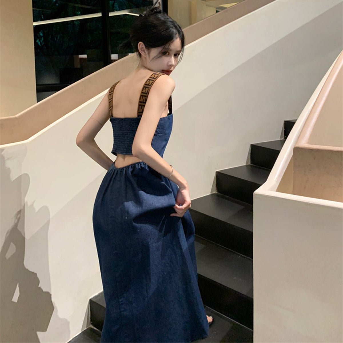 【dress】バックオープンデニムワンピース　N2663