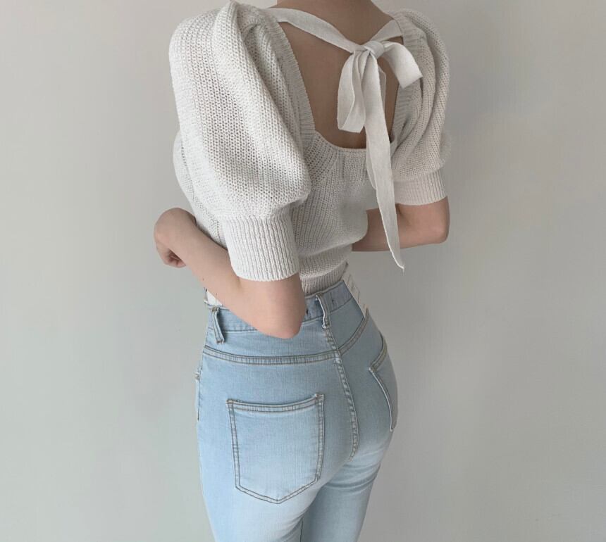 【tops】大人可愛いパフスリーブ無地ショート丈ボウタイニットF0022