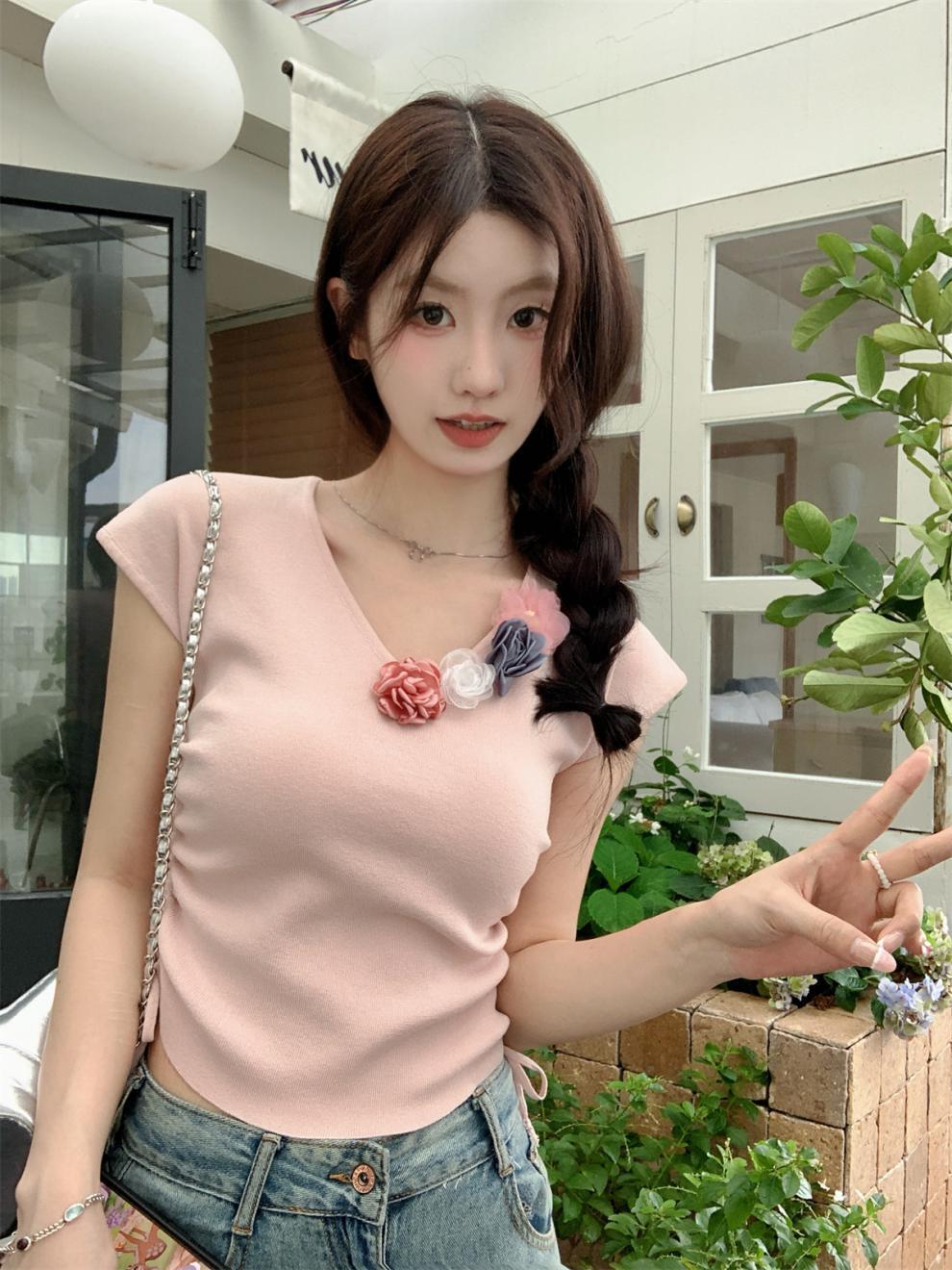 【tops】立体フラワーニットTシャツ　M24271