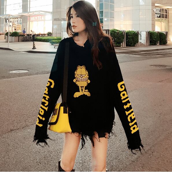 【tops】大人可愛いラウンドネック長袖体型カバー韓国ファッション動物柄配色着回しセーターF1306