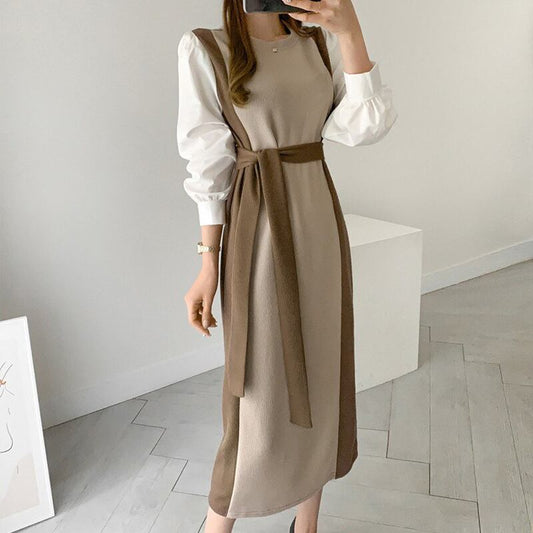 【dress】韓流スタイル!気質満点レトロINS風切り替えニットAラインパフスリーブワンピース G2949