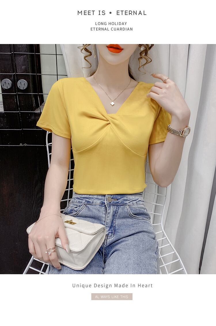 【tops】2色Vネック半袖ファッション無地着回しブラウスF0154