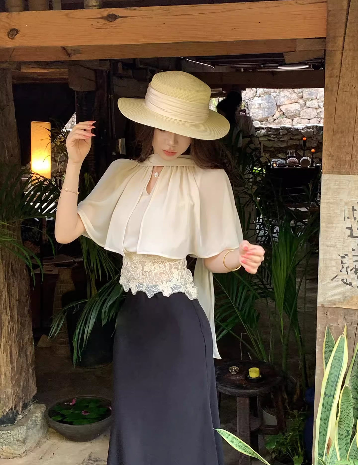 【set】レースドッキングシフォンケープトップス×ロングスカートセット Q8487