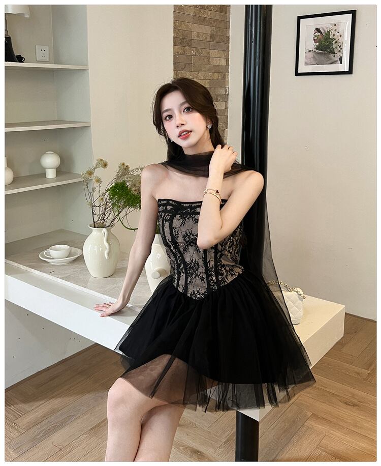 【dress】レース切り替えチュールワンピース　M29849
