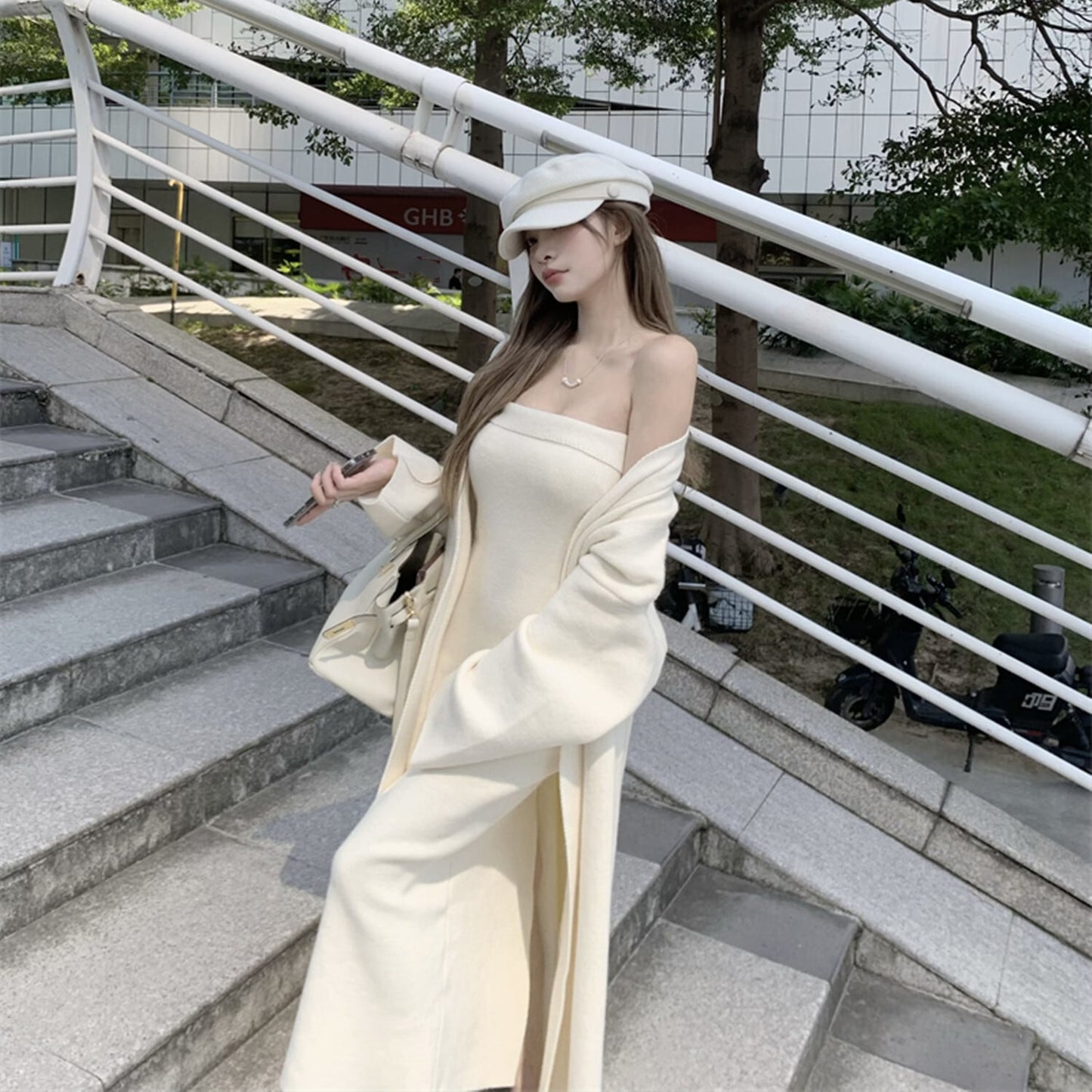 【set】ロング丈カーディガン×ベアトップワンピースセット　N2799