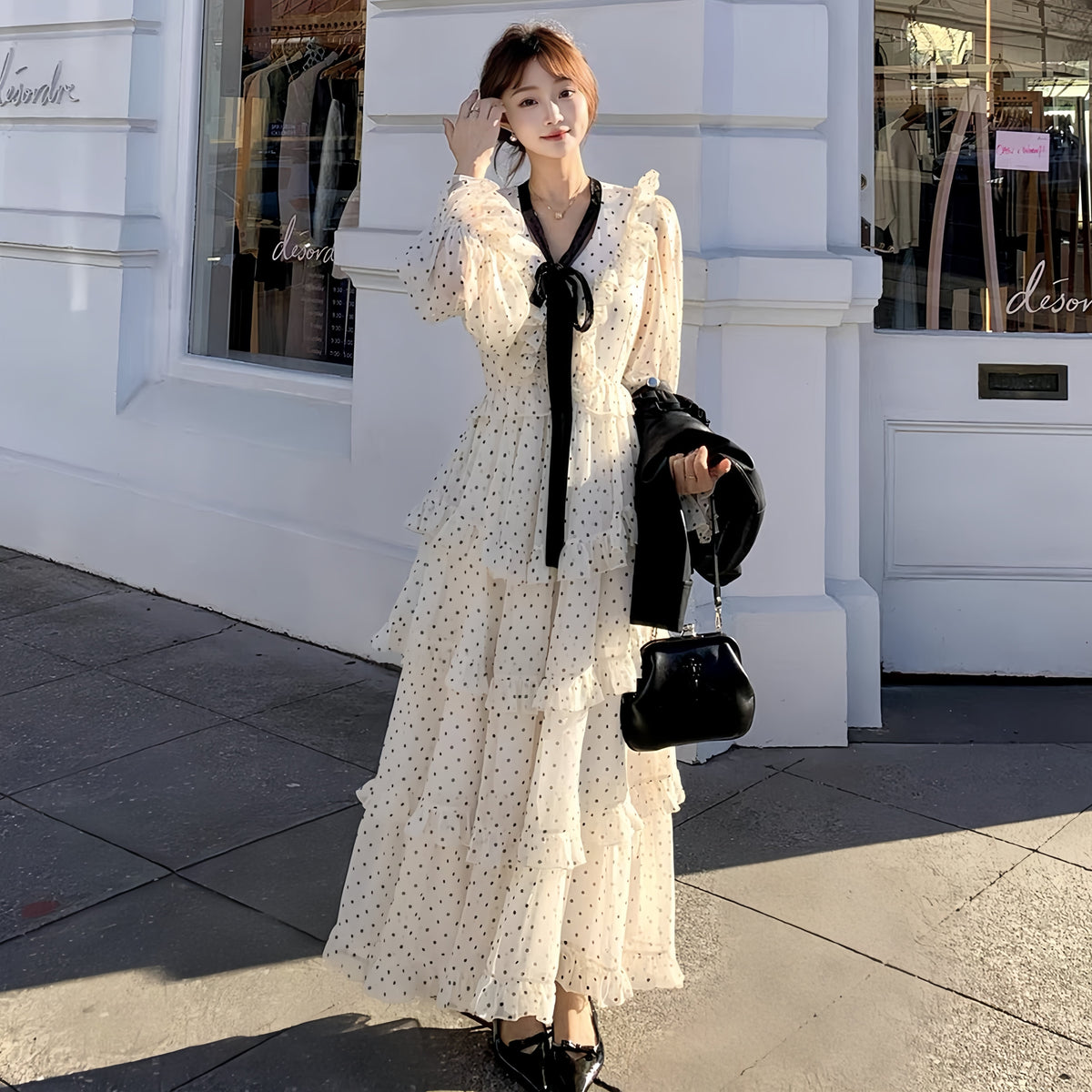 【dress】ビッグリボンドット柄ティアードワンピース　N3324