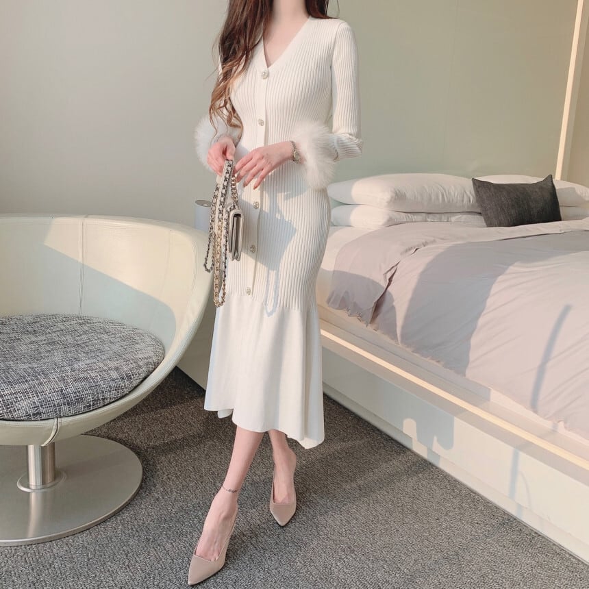 【dress】袖ファー マーメイドニットワンピース　M26156