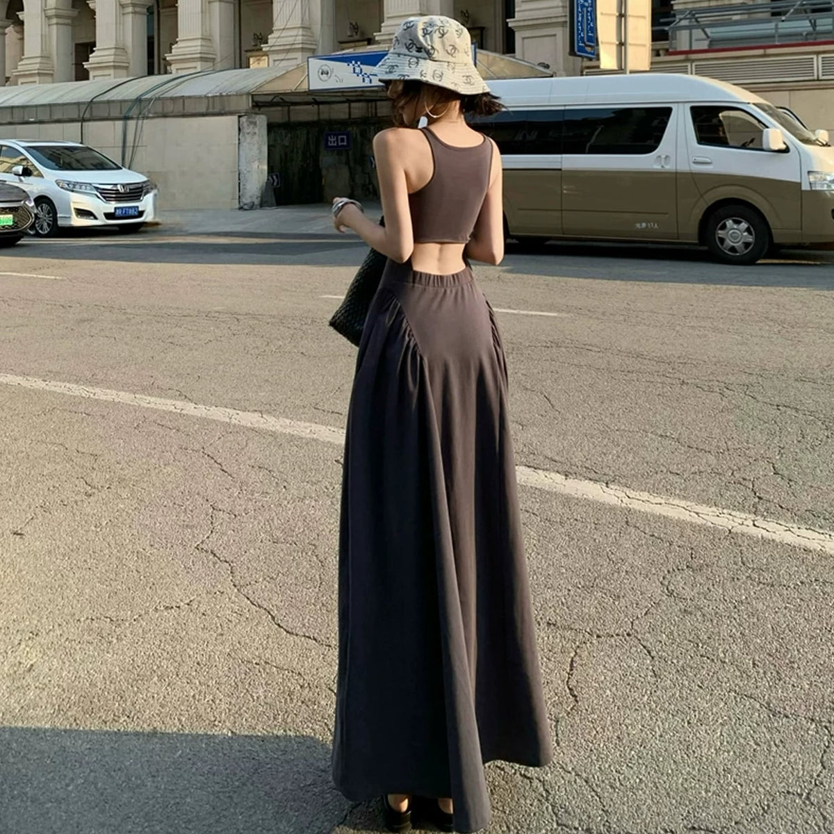 【dress】バックオーポンロングベストワンピース Q8498