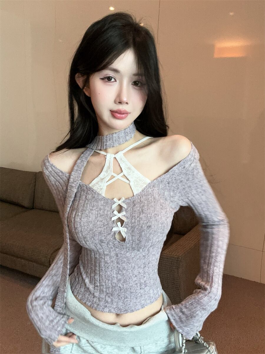 【tops】レース切り替え長袖Tシャツ　M28397