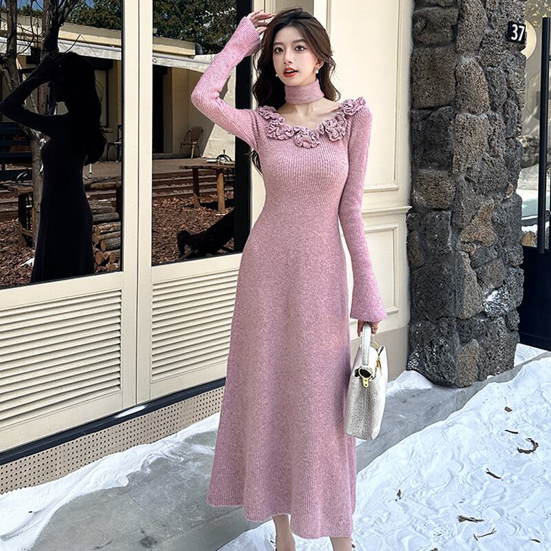 【dress】立体バラ付きニットワンピース Q7051