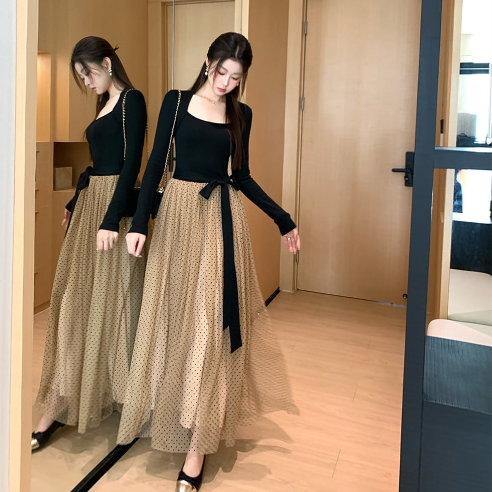 【dress】チュールドッキングロングワンピース　N3439