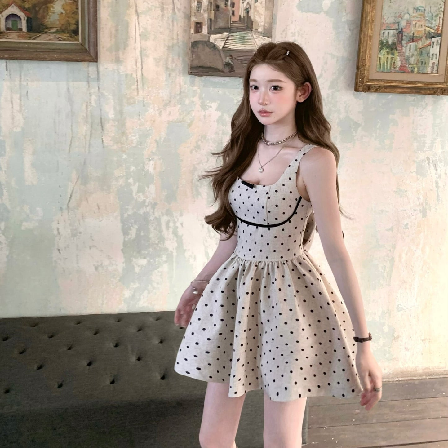 【dress】バックリボンドット柄ミニワンピース　M30198