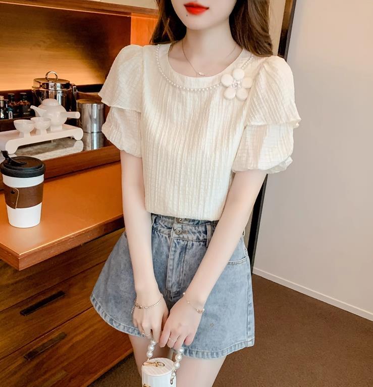 【tops】ラウンドネック半袖パフ袖ブラウスF7509