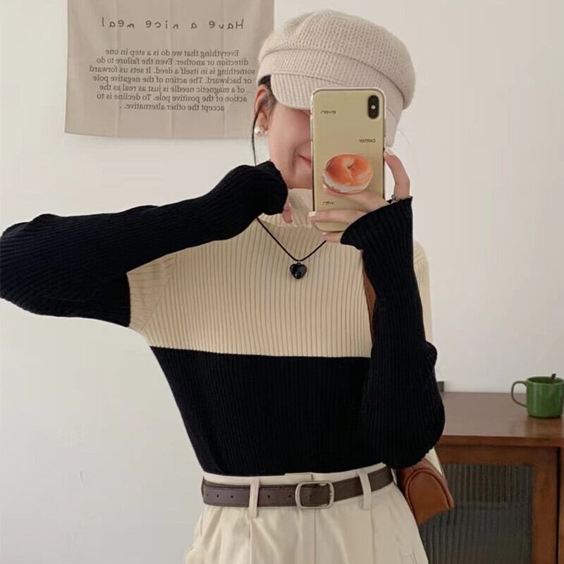 【tops】配色ハイネックニットプルオーバー　M18923