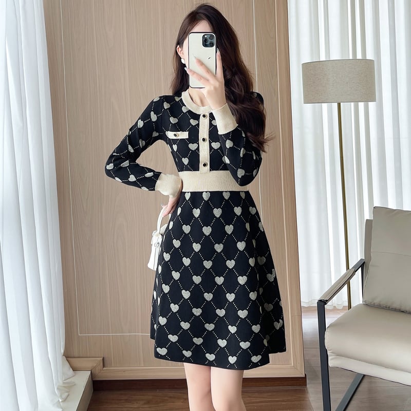 【dress】ハート柄ニットワンピース Q7296