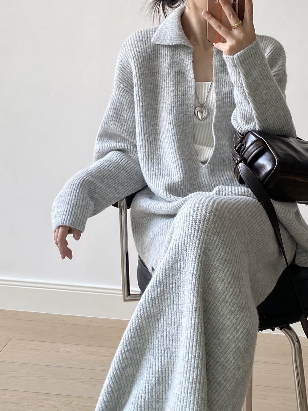 【set】Vネックニットトップス×ロングスカートセット　N3441