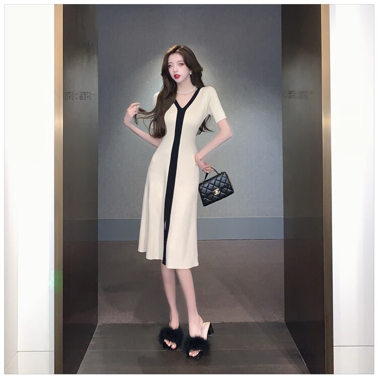 【dress】人気を獲得Vネック気質満点夏淑女レディース 体型カバー着痩せニットワンピース G8122