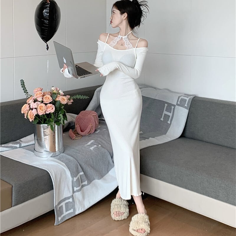 【dress】レースドッキングニットワンピース　M27875