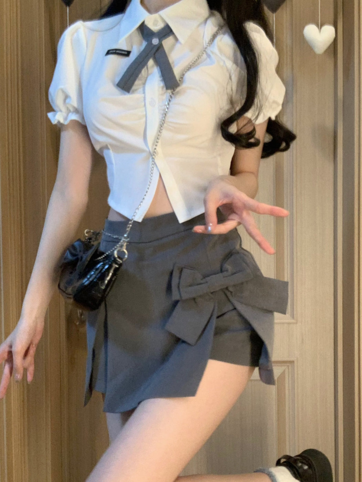 【set】リボン付きシャツトップス×スカートセット　M24701