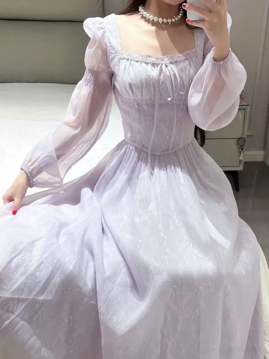 【dress】スクエアネックレースロングワンピース Q6388