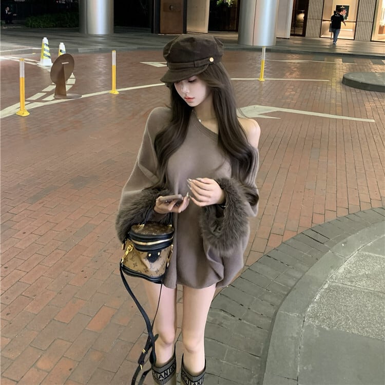【tops】袖ファーオフショルダーニットトップス　M27715