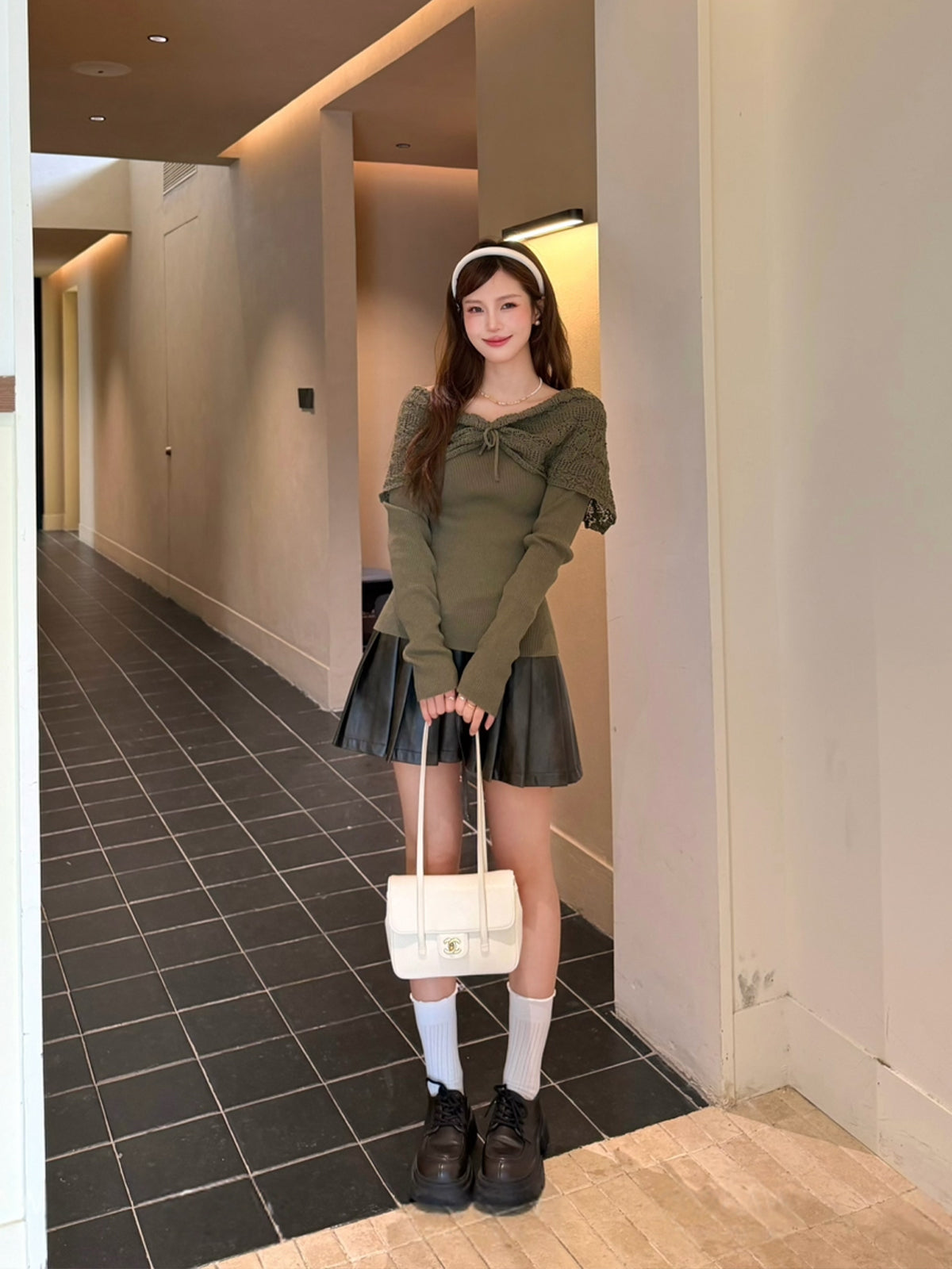 【tops】フェイクレイヤードニットトップス Q8937