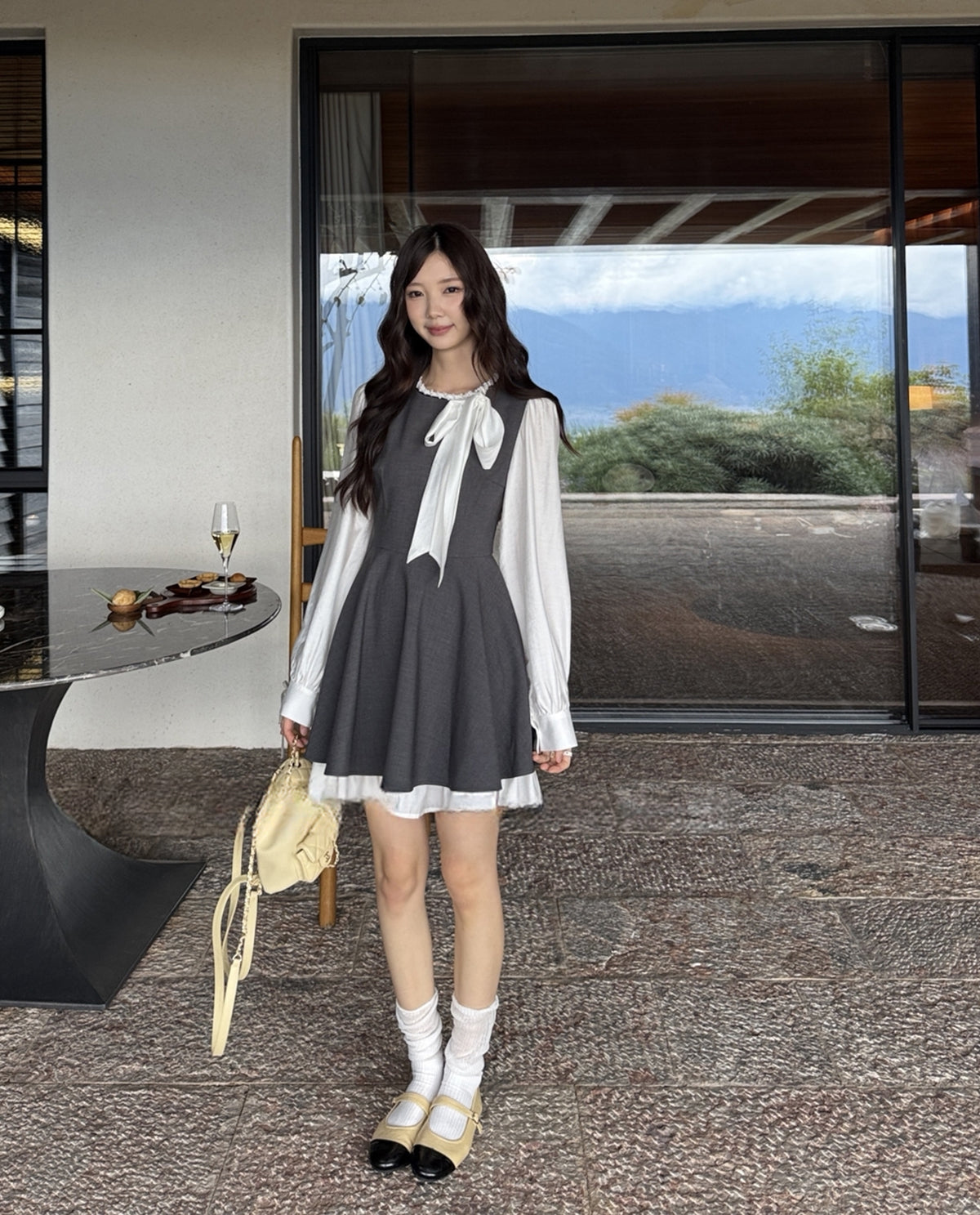 【dress】リボン付きフェイクレイヤードワンピース Q8928