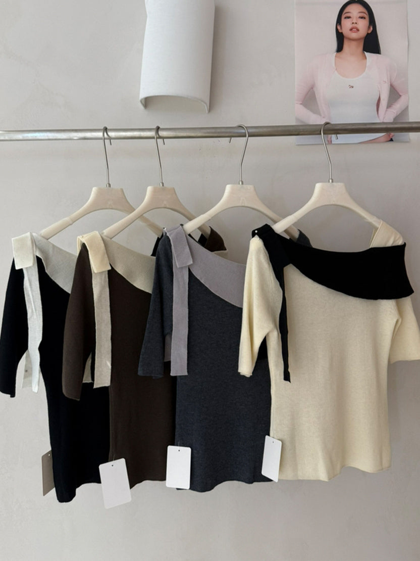 【tops】ラインストーン付きロールカラーニットトップス Q9076
