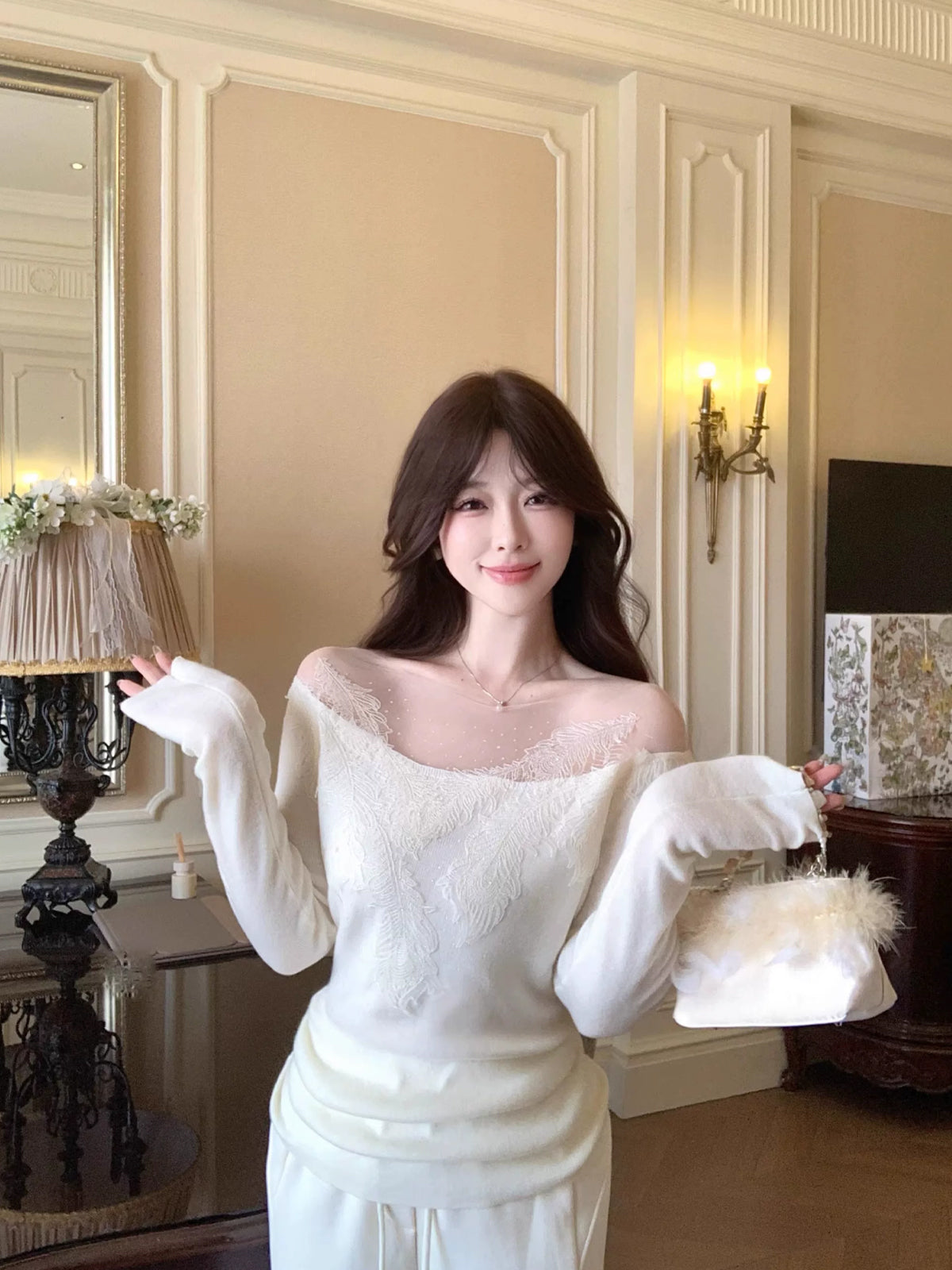 【tops】レースドッキングニットトップス Q9083