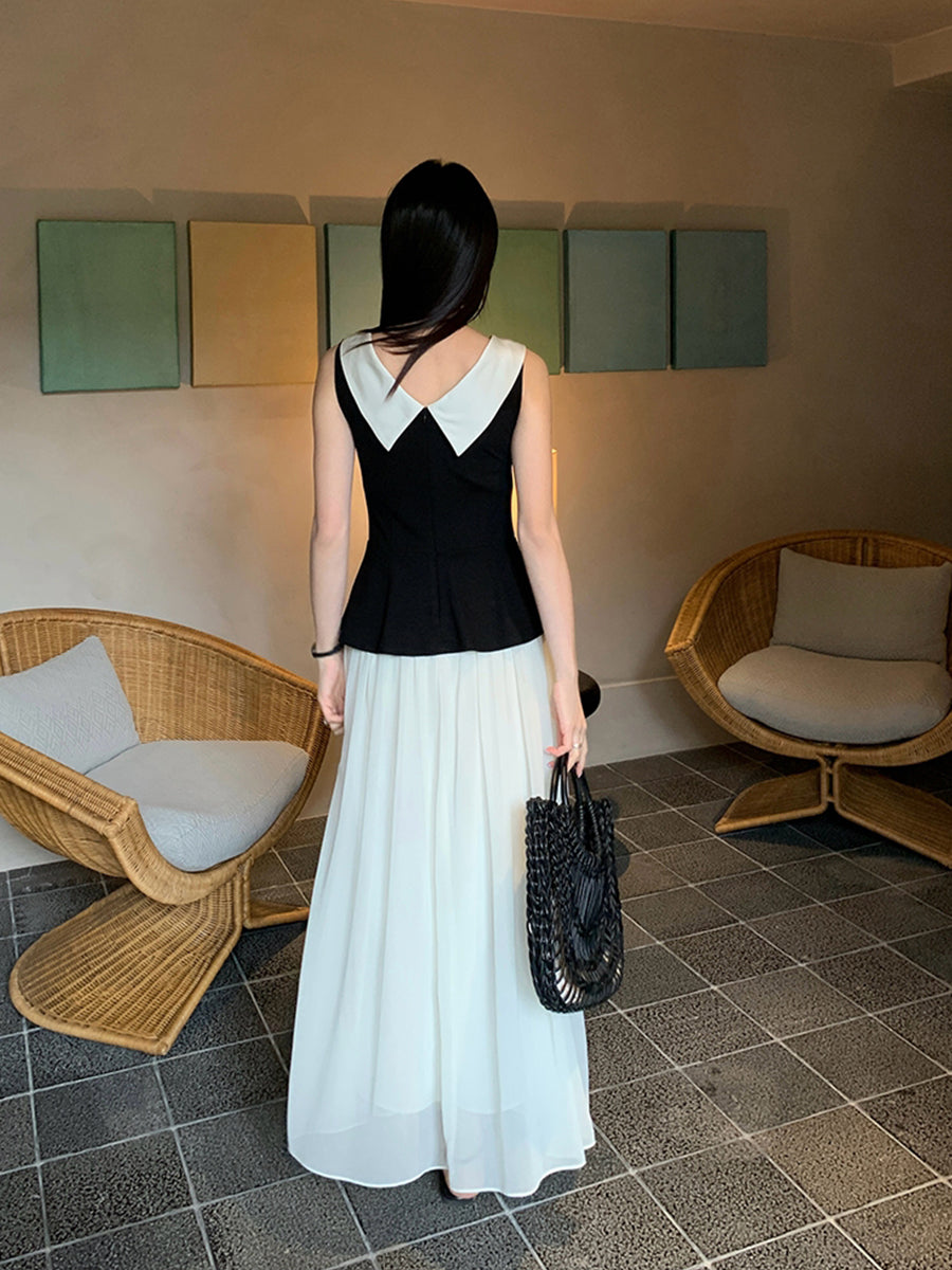 【dress】ノースリーブ配色ロングワンピース Q8749