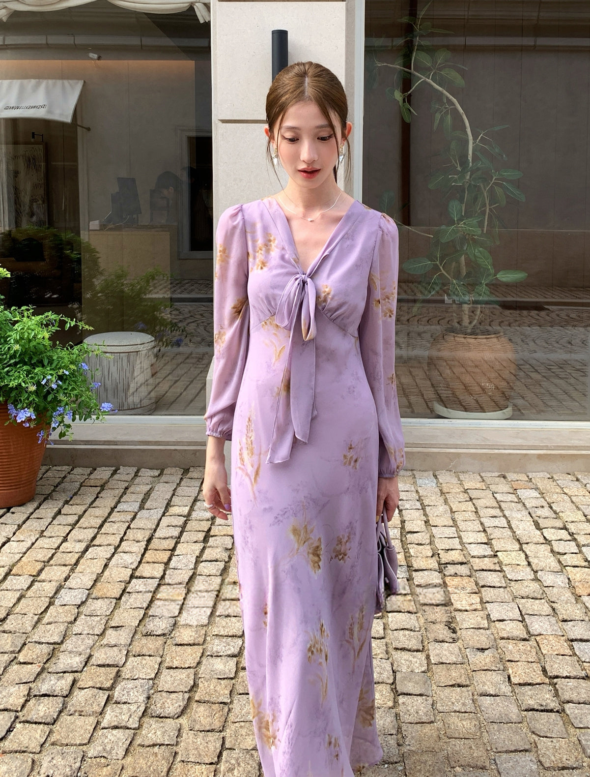 【dress】ボウタイフラワー柄ロングワンピース Q8919