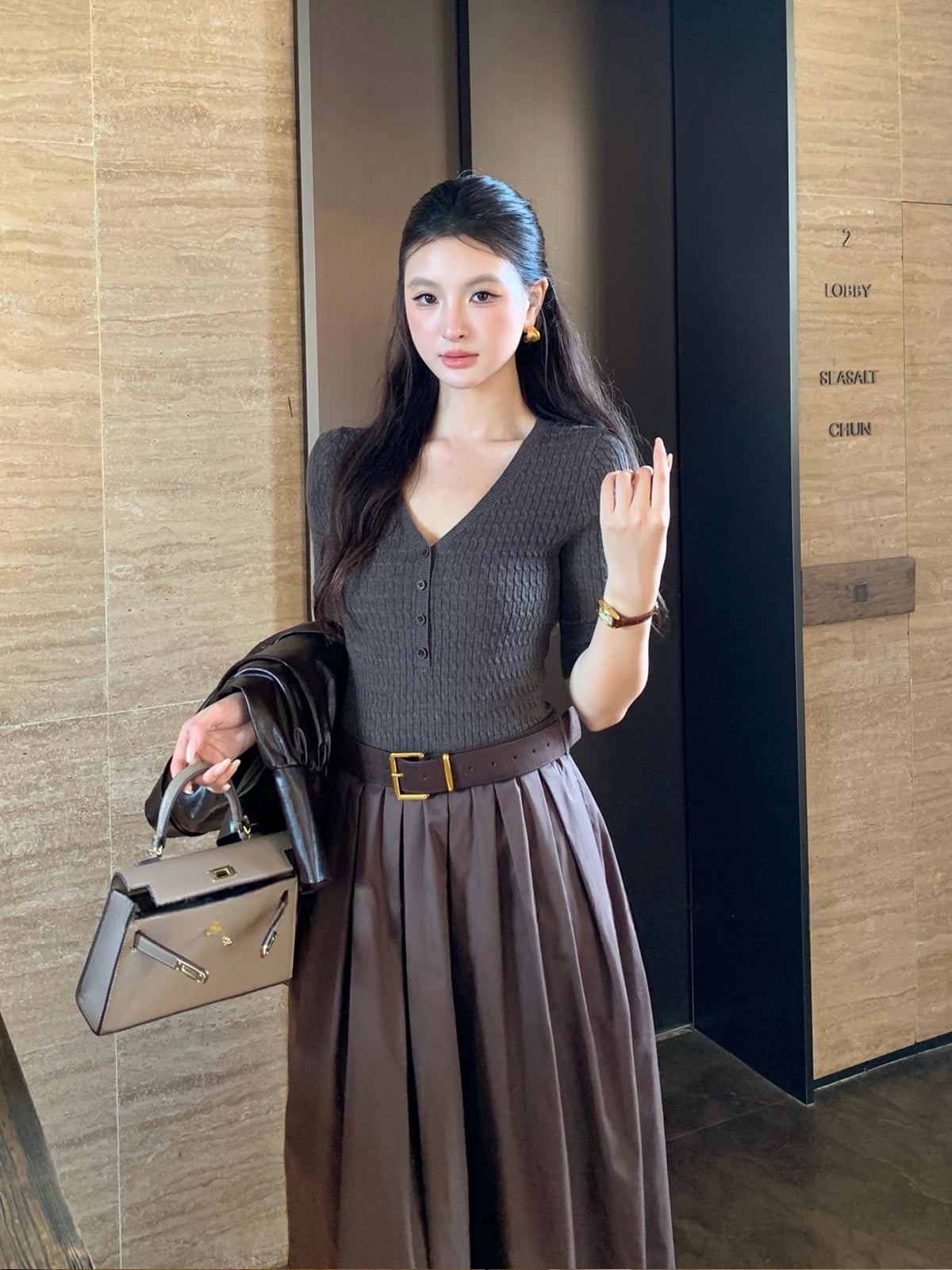 【dress】半袖ニットドッキングロングワンピース Q8920