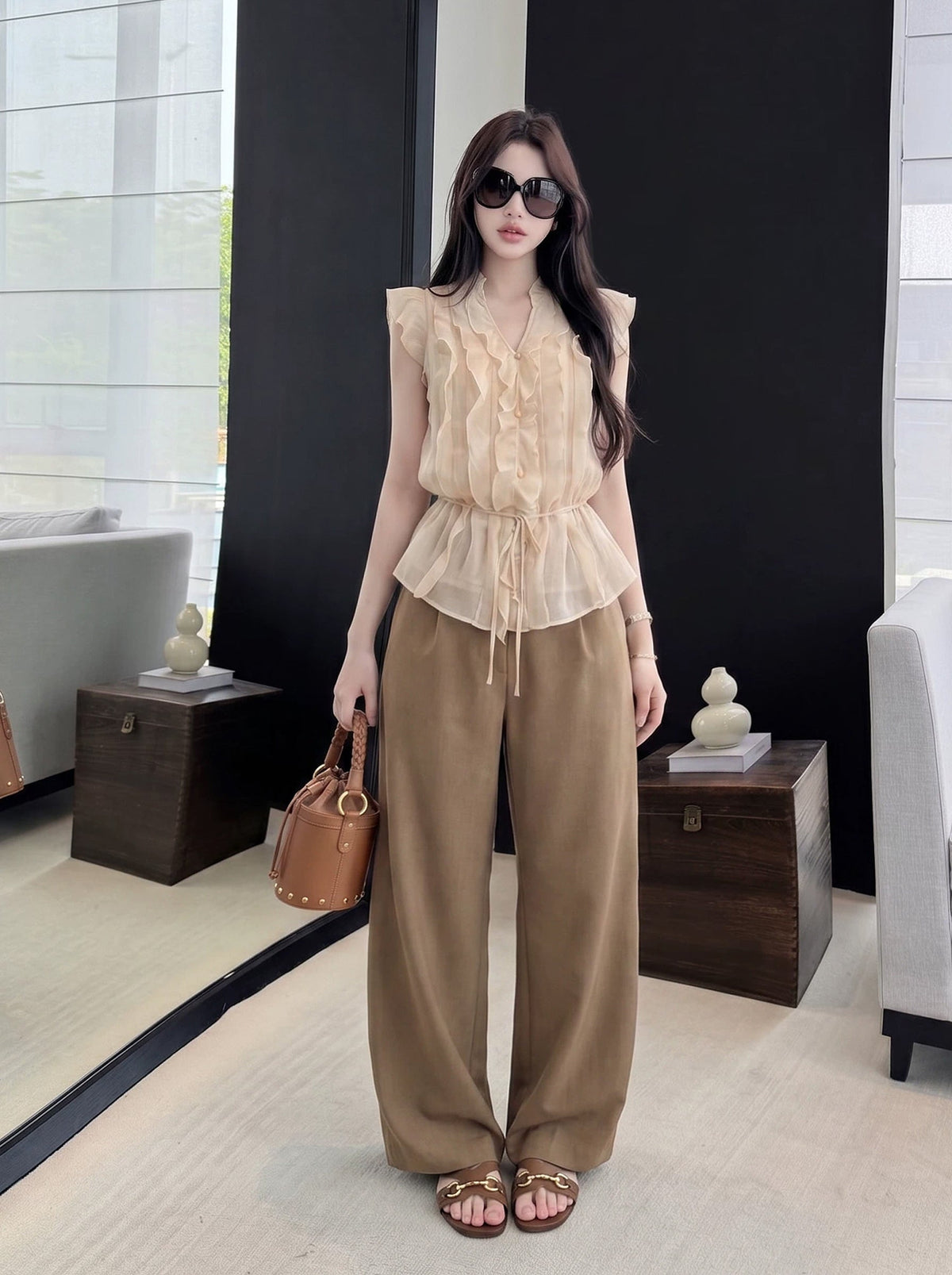 【tops】ノースリーブギャザーフリルトップス Q8746